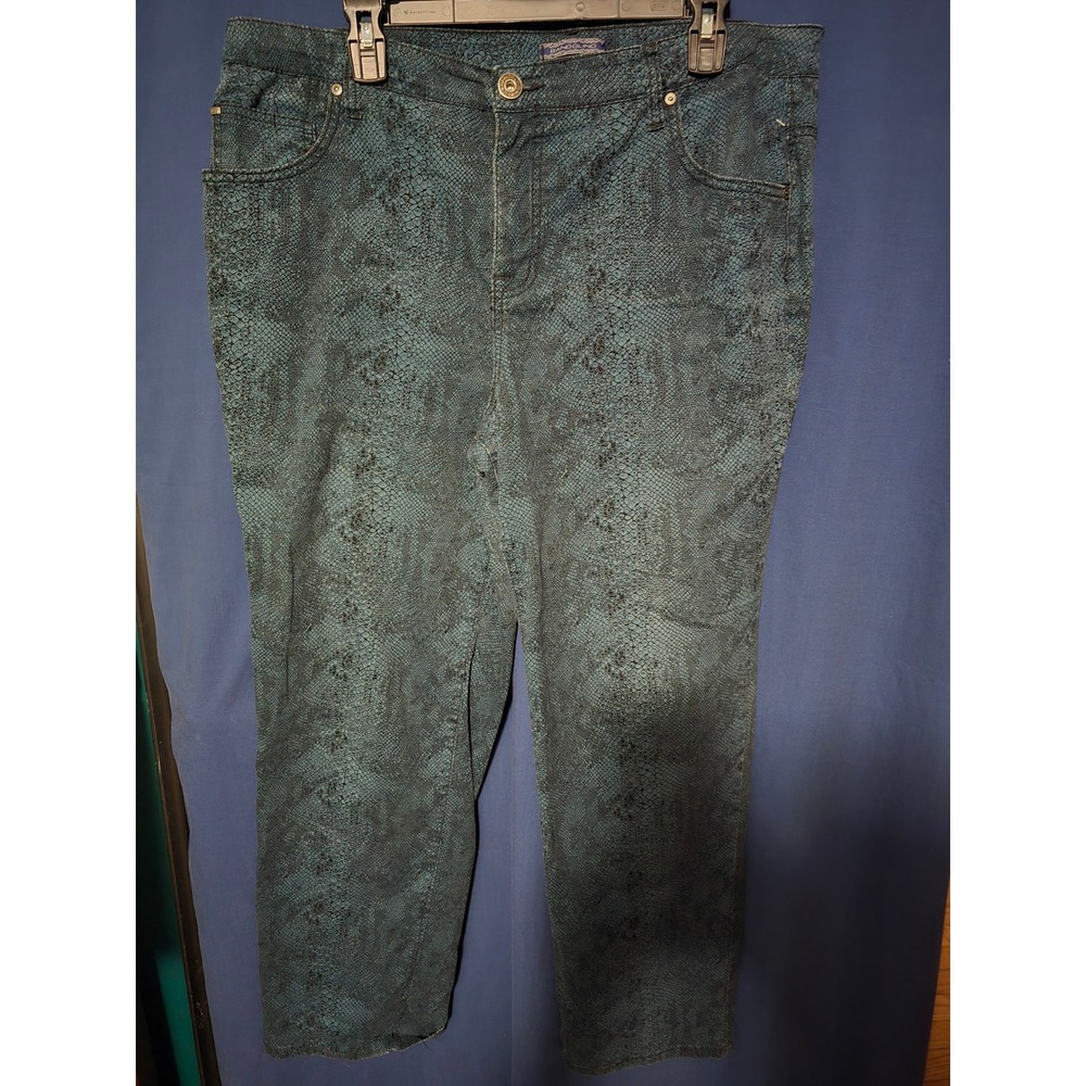 Bandolino Mandie Snake Print Jeans Womens 16W Teal Black Snakeskin Straight Leg